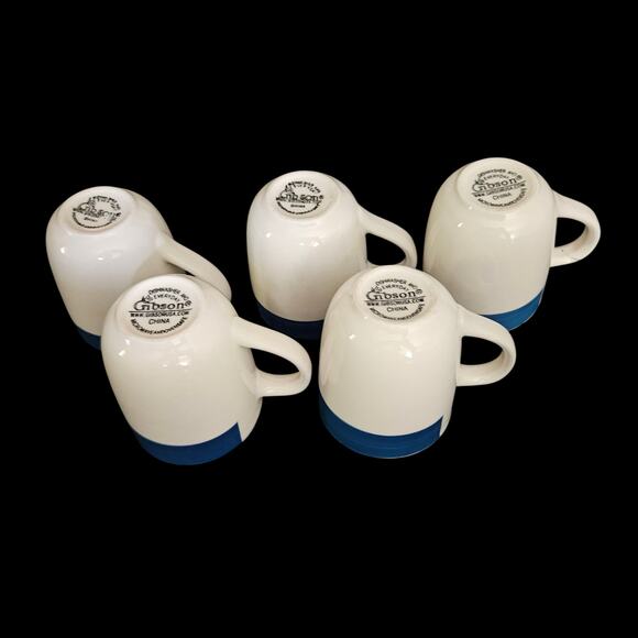 Set of 5 Gibson Stoneware Coffee Mugs White Blue Band Dishwasher Microwave Safe - Picture 6 of 6